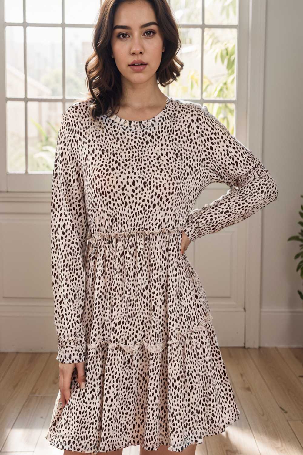 loose leopard print v neck dress drop shoulder a line closed cape paneled 124989