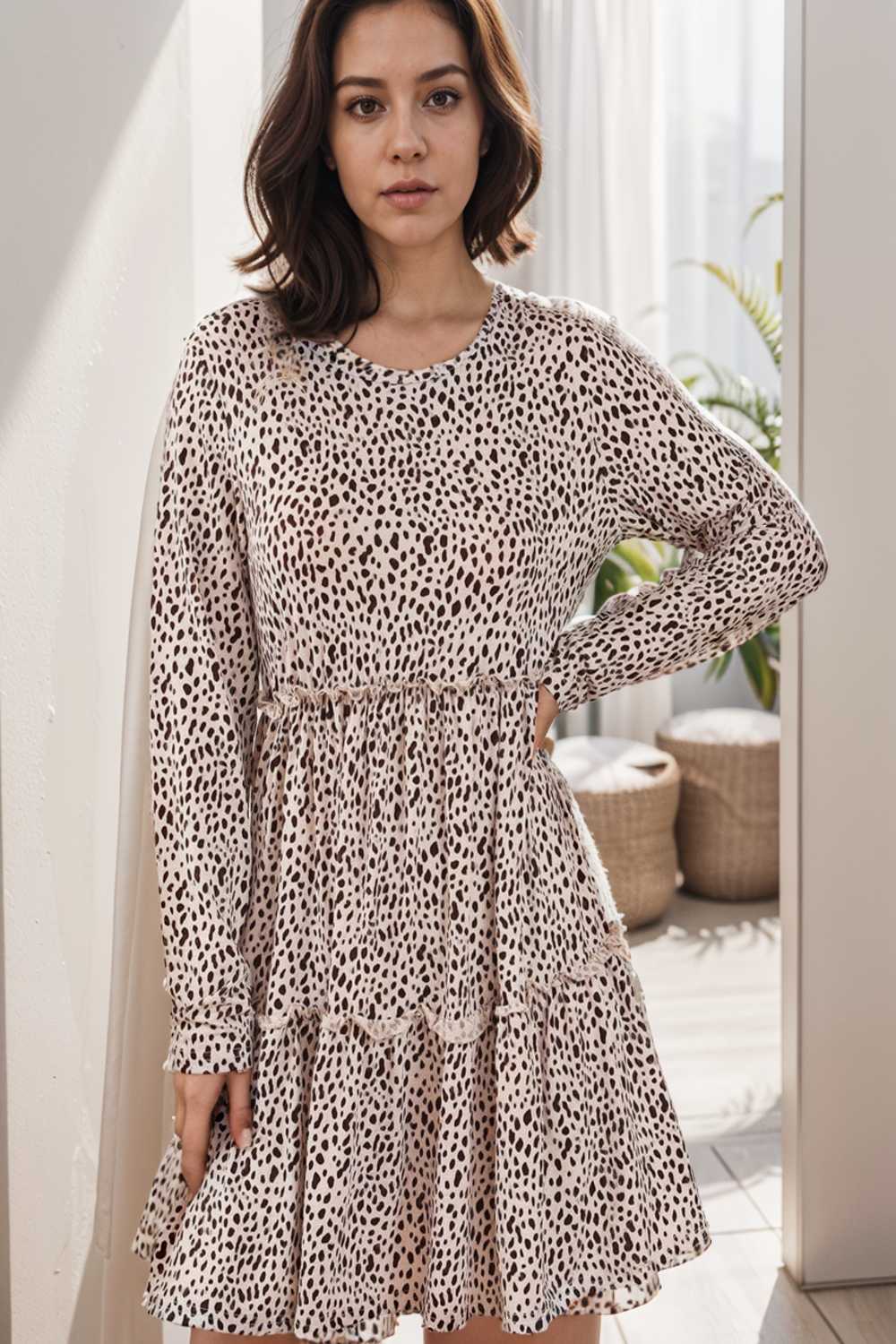 loose leopard print v neck dress drop shoulder a line closed cape paneled 132929