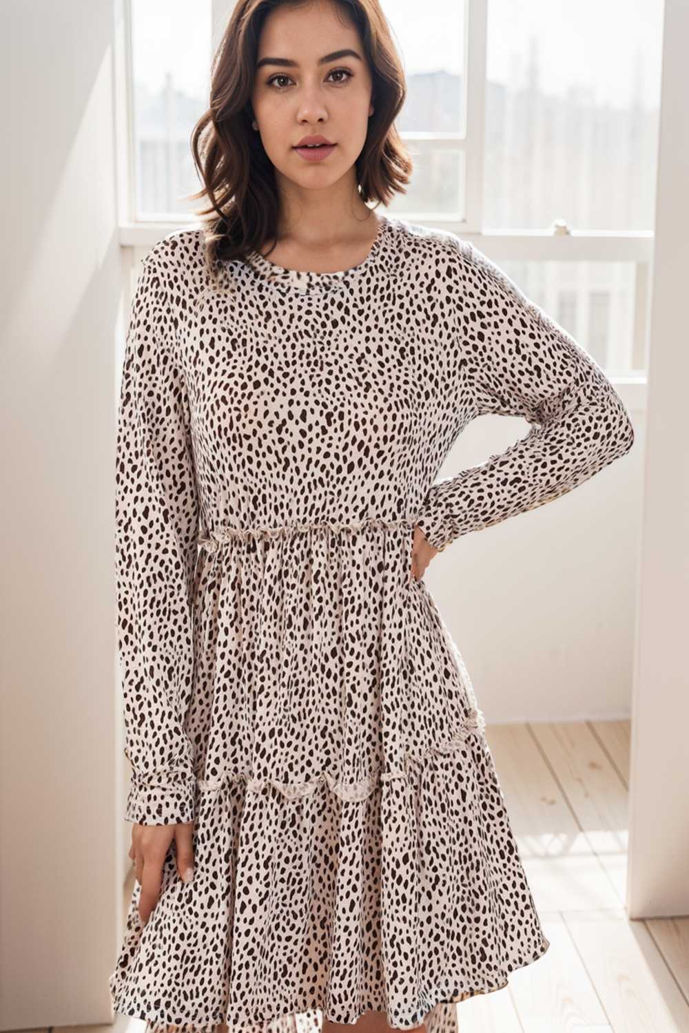 loose leopard print v neck dress drop shoulder a line closed cape paneled 124988