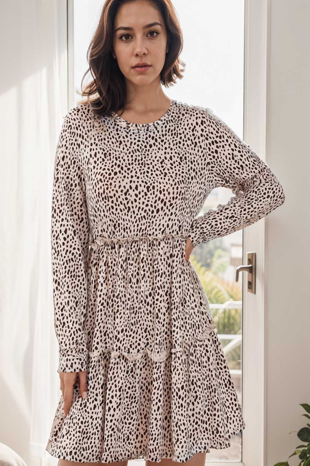 loose leopard print v neck dress drop shoulder a line closed cape paneled 115495