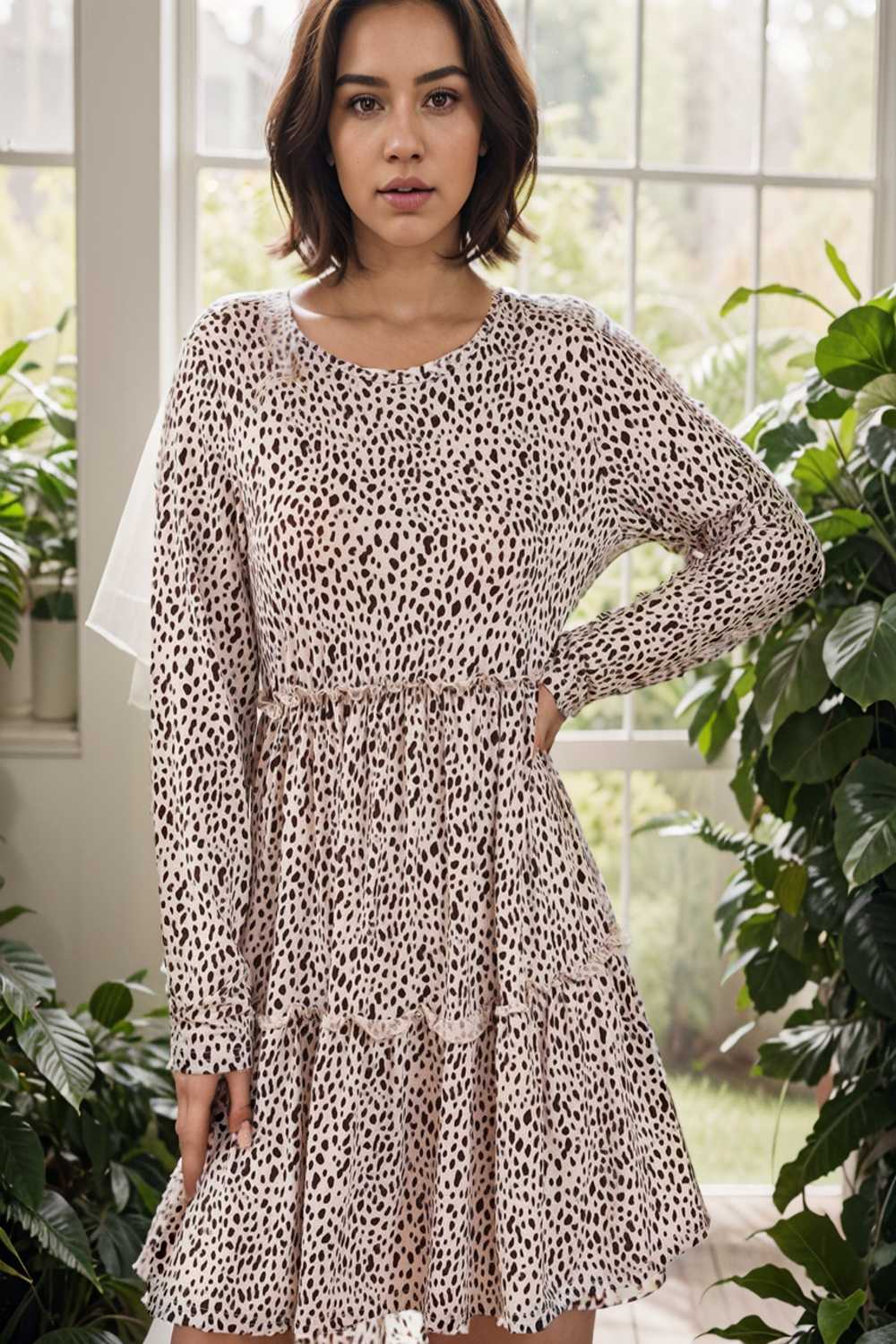 loose leopard print v neck dress drop shoulder a line closed cape paneled 127430