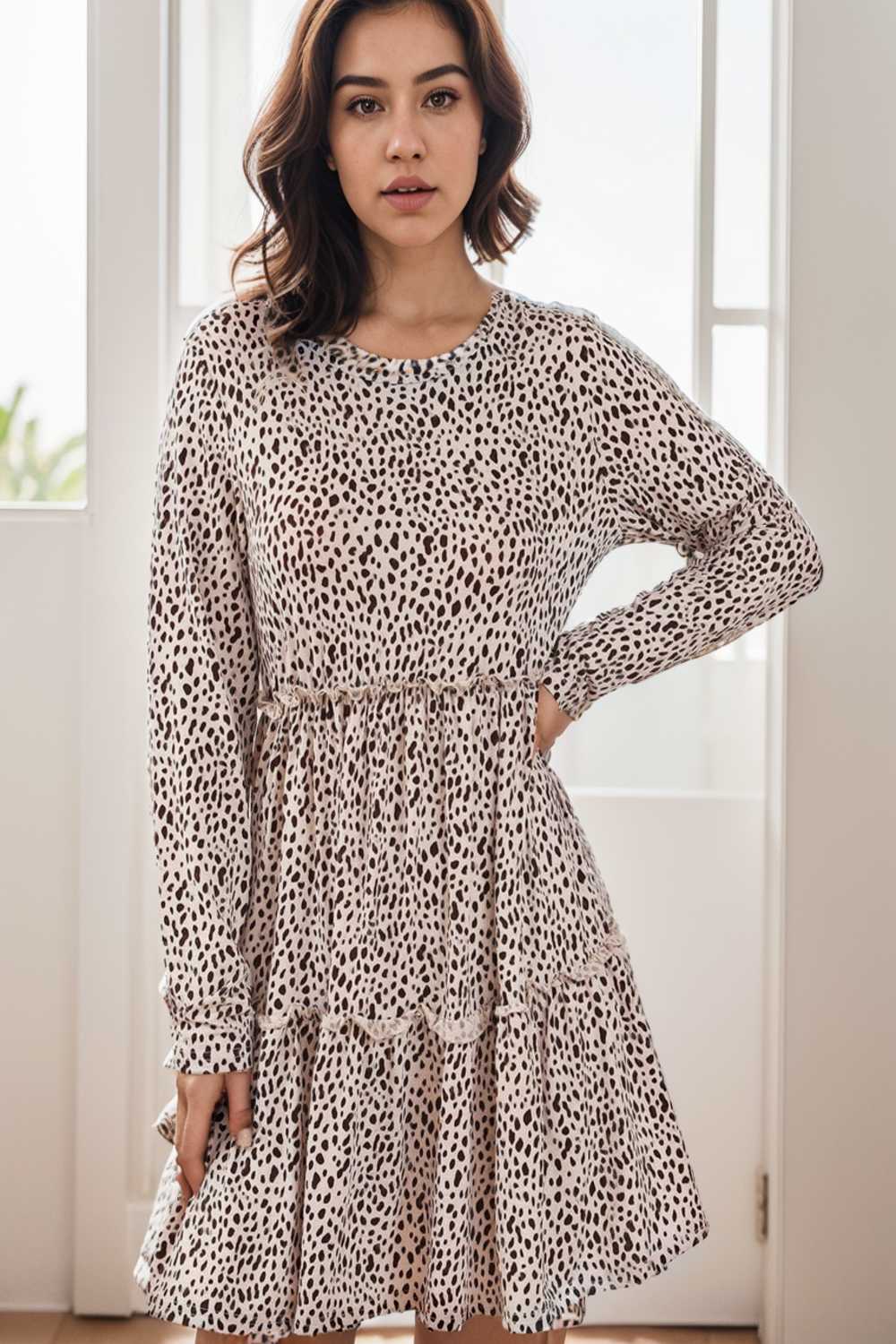 loose leopard print v neck dress drop shoulder a line closed cape paneled 127429