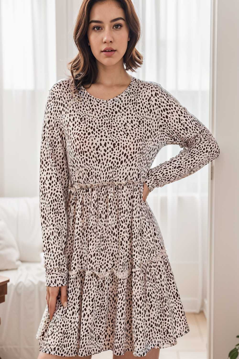 loose leopard print v neck dress drop shoulder a line closed cape paneled 124987