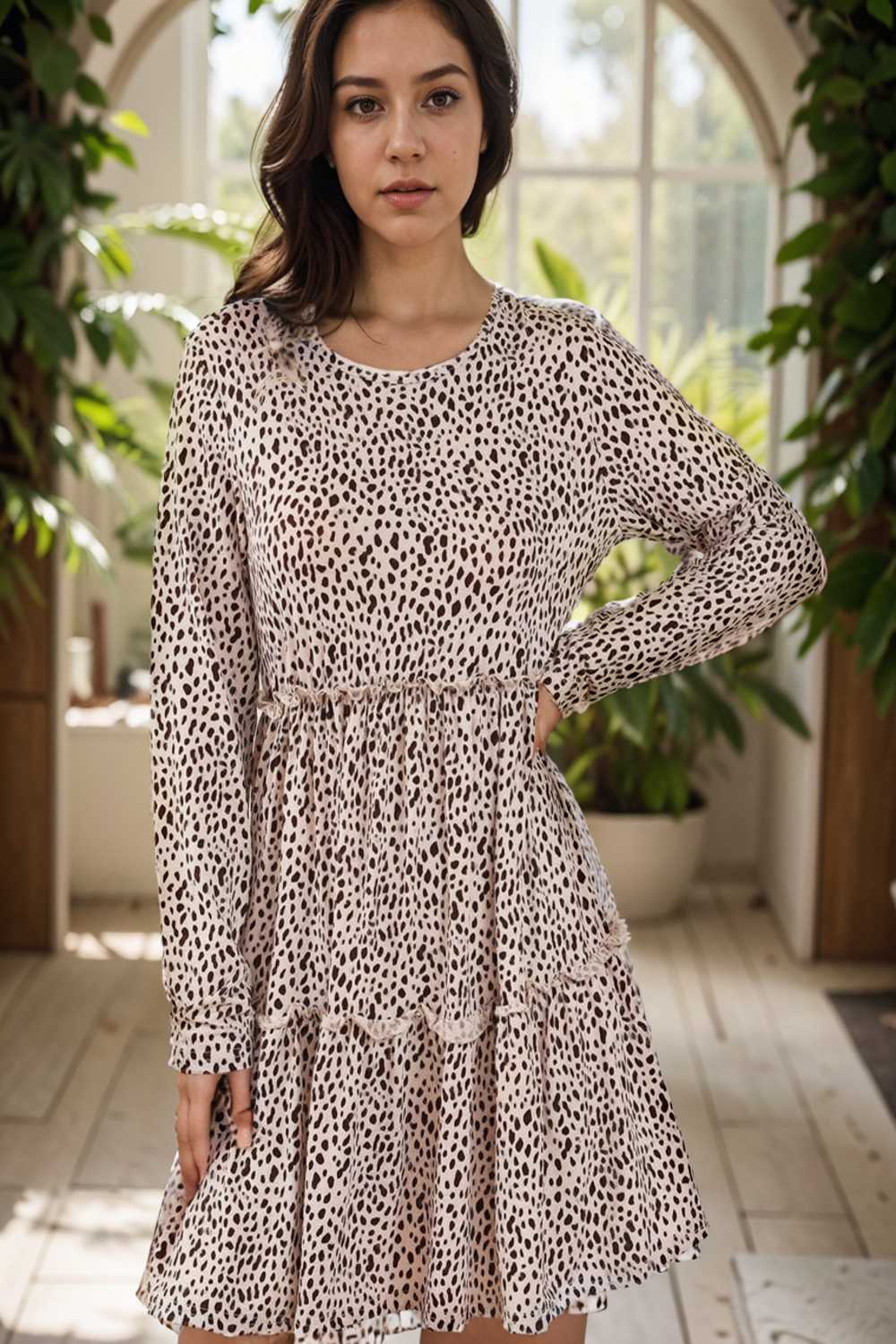 loose leopard print v neck dress drop shoulder a line closed cape paneled 117631