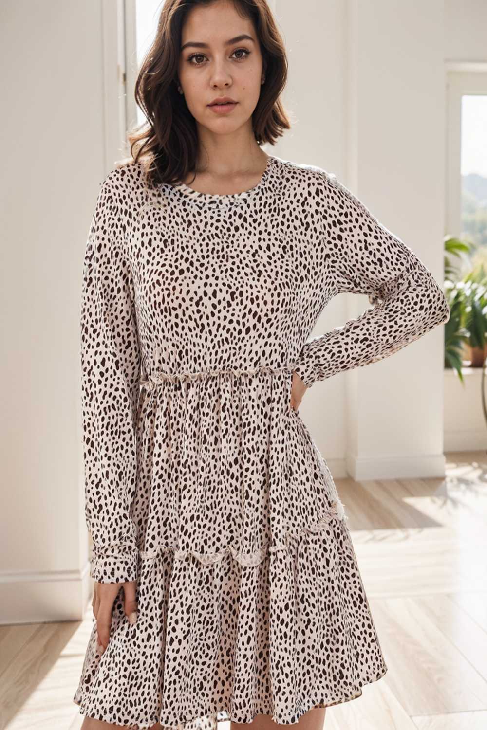 loose leopard print v neck dress drop shoulder a line closed cape paneled 132927