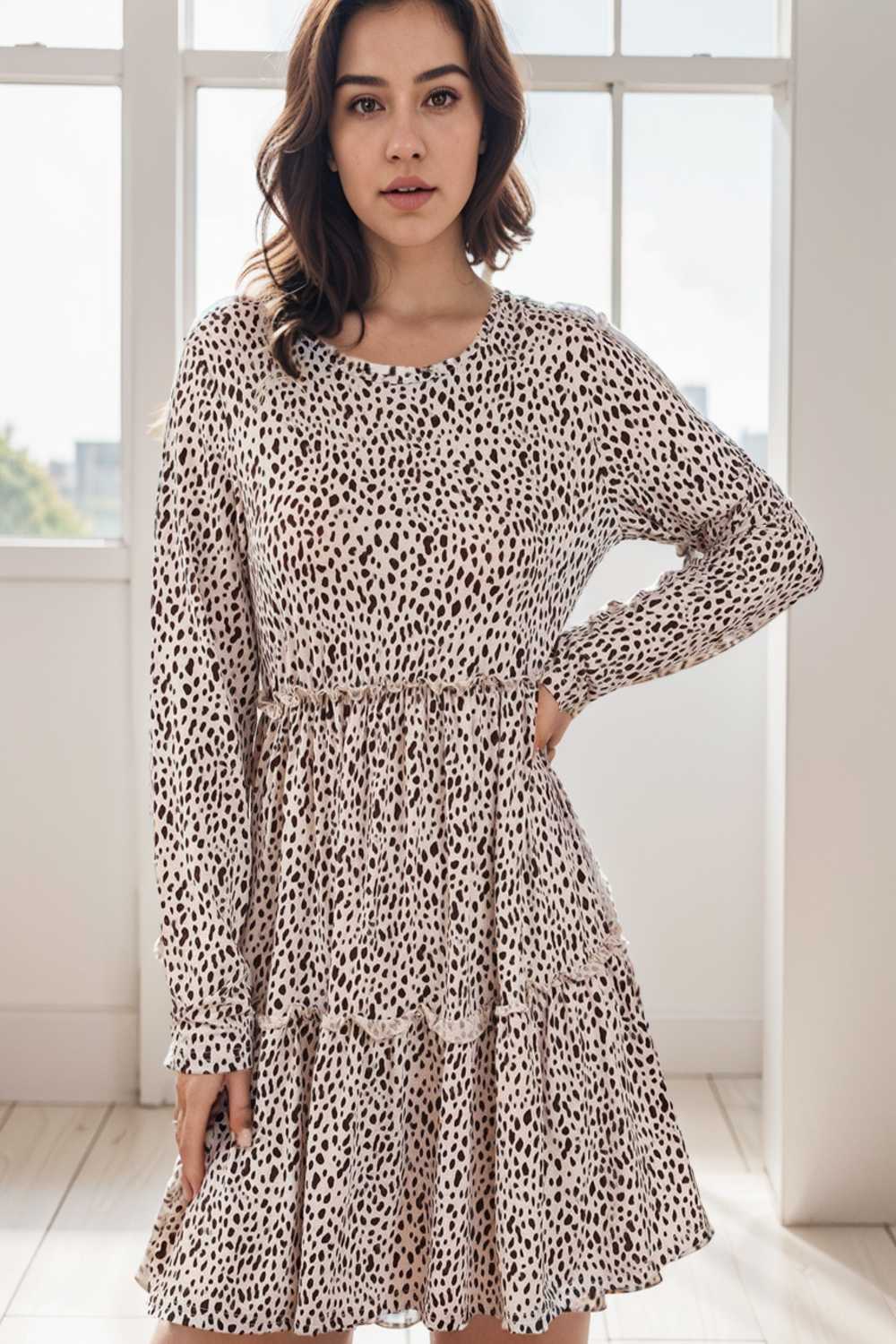 loose leopard print v neck dress drop shoulder a line closed cape paneled 127428
