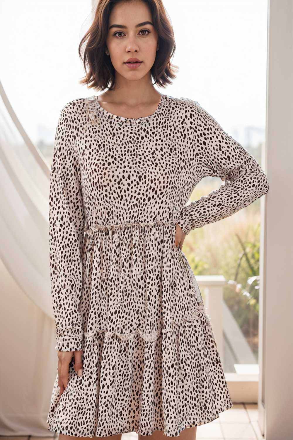 loose leopard print v neck dress drop shoulder a line closed cape paneled 124985
