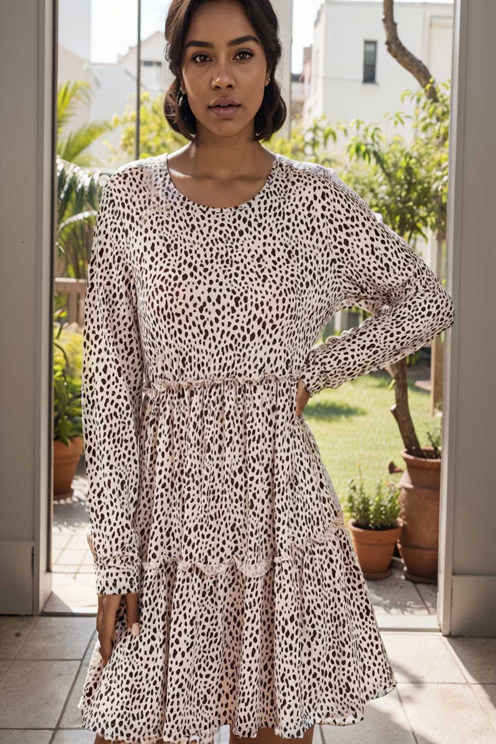 loose leopard print v neck dress drop shoulder a line closed cape paneled 127427