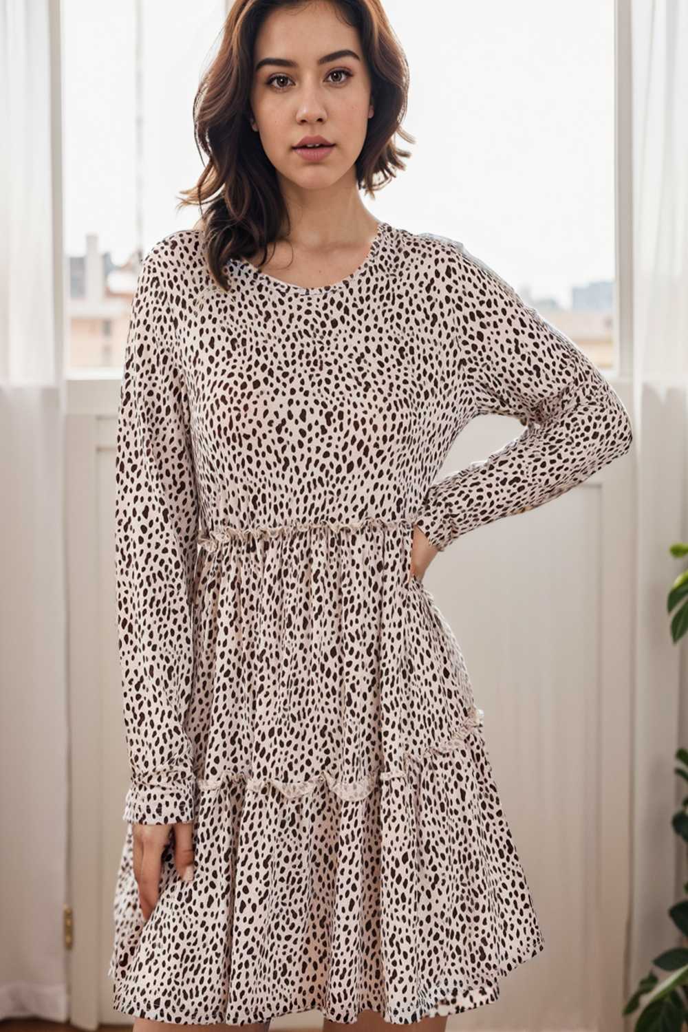 loose leopard print v neck dress drop shoulder a line closed cape paneled 124984