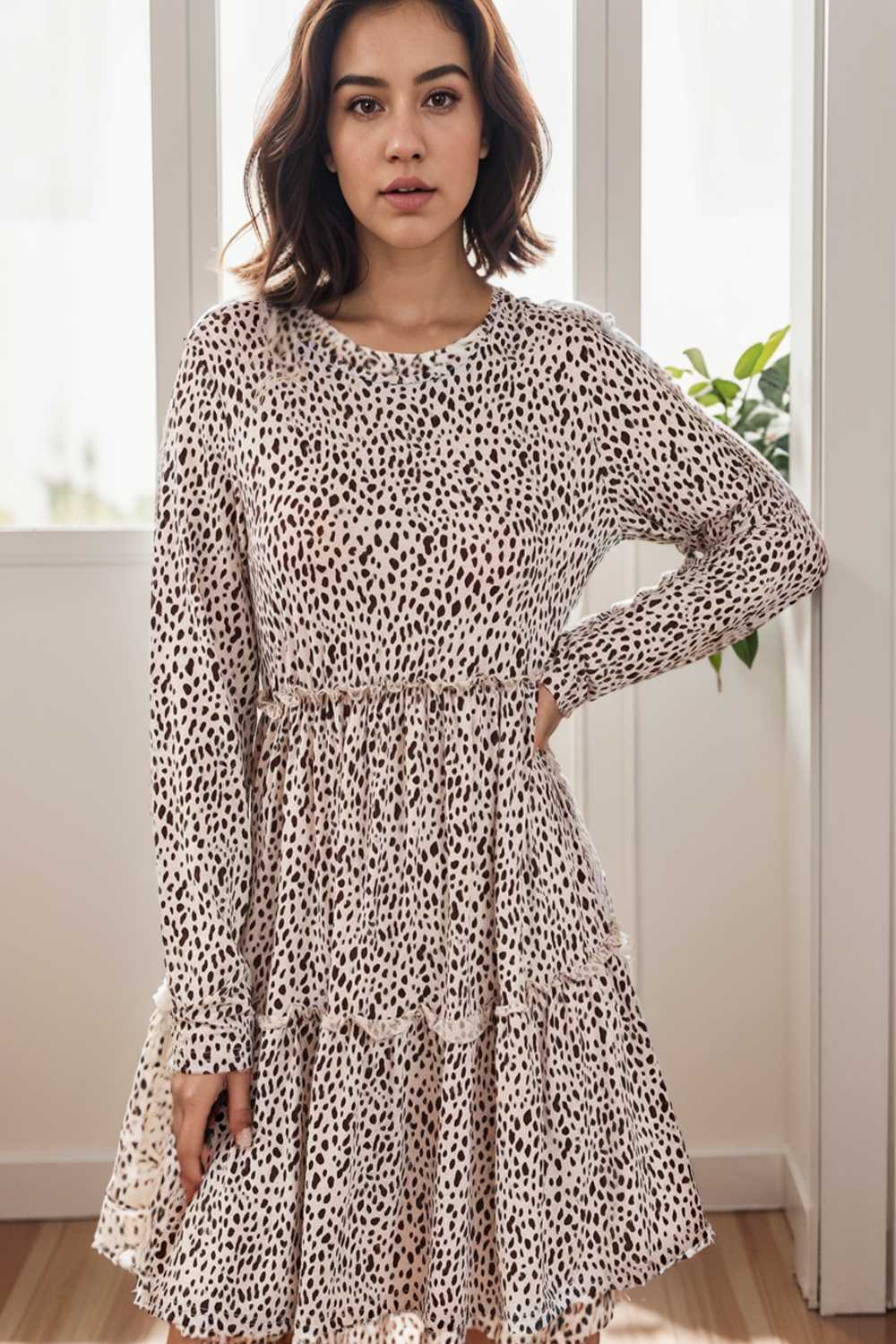 loose leopard print v neck dress drop shoulder a line closed cape paneled 126197
