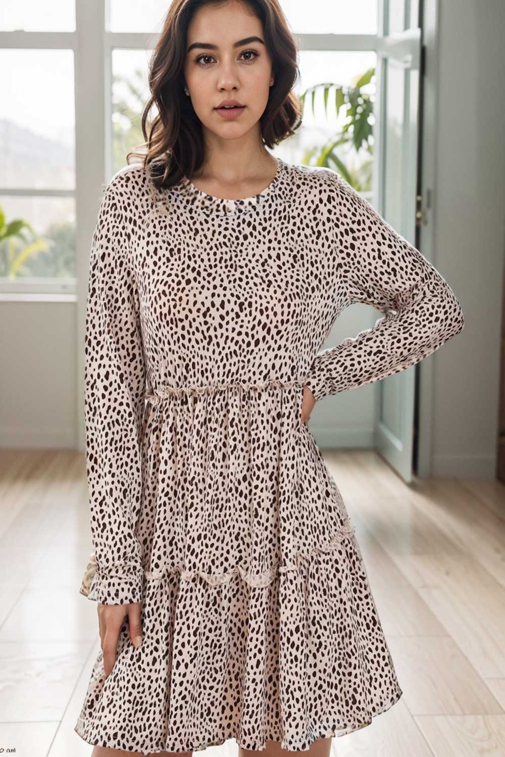 loose leopard print v neck dress drop shoulder a line closed cape paneled 124983