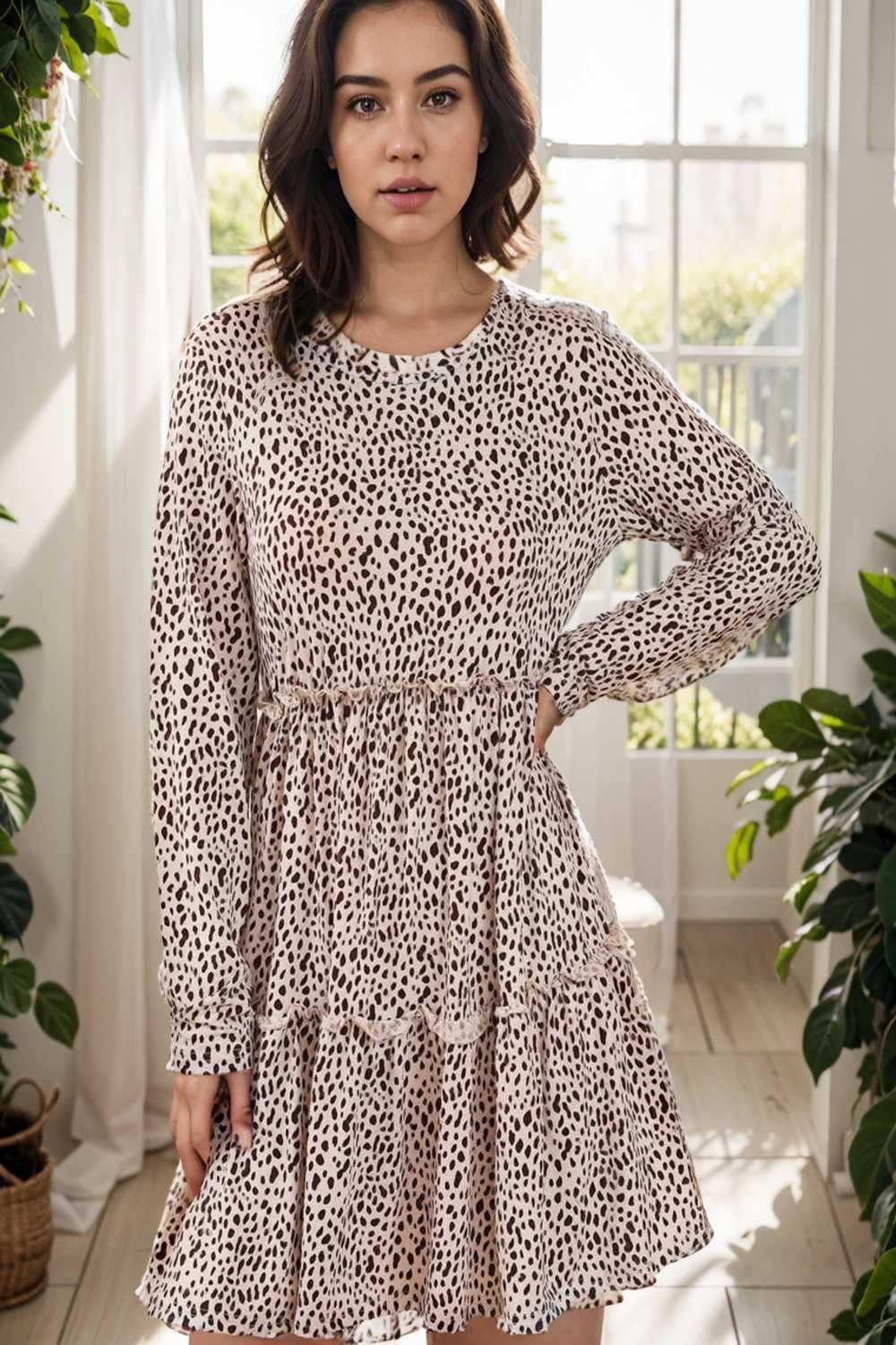 loose leopard print v neck dress drop shoulder a line closed cape paneled 141711
