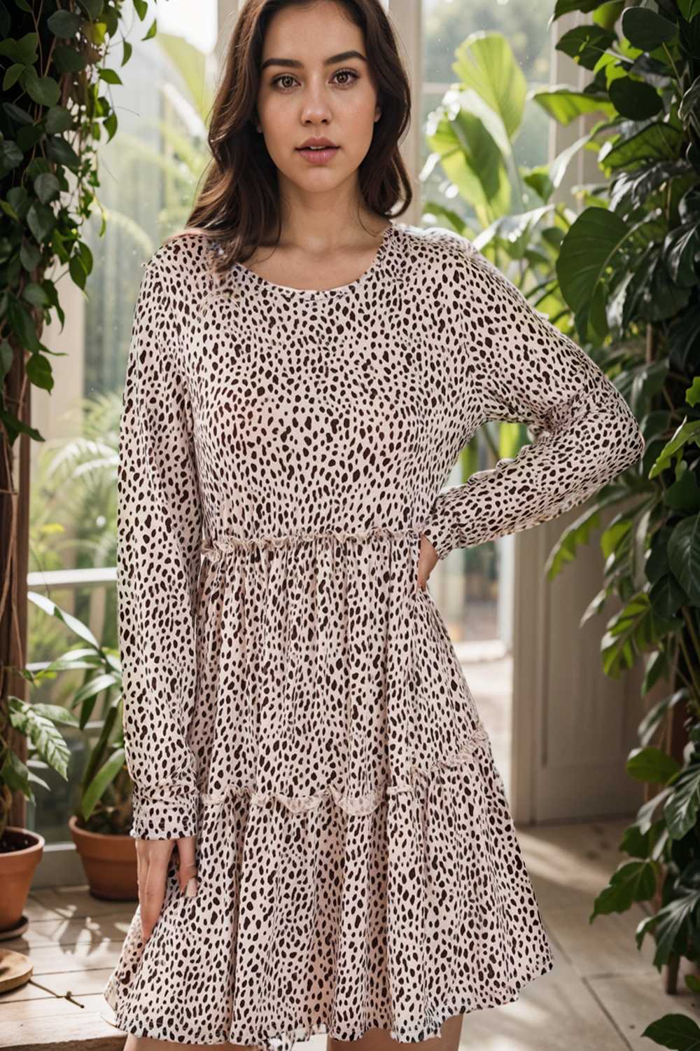 loose leopard print v neck dress drop shoulder a line closed cape paneled 141710