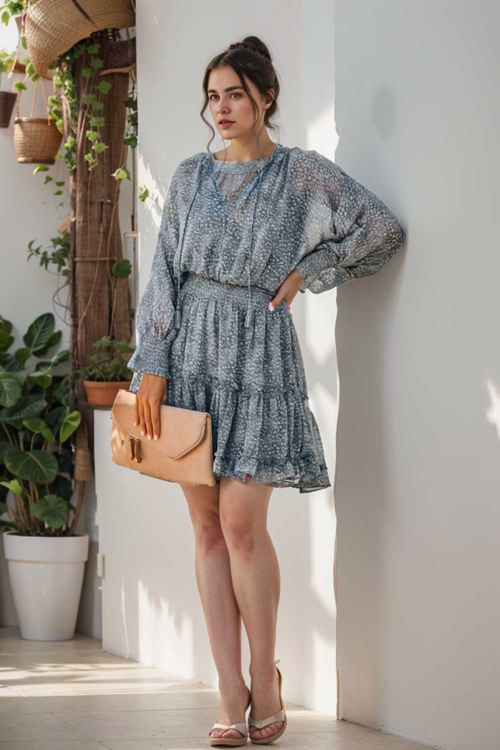 loose leopard print v neck dress drop shoulder a line closed cape paneled 127521