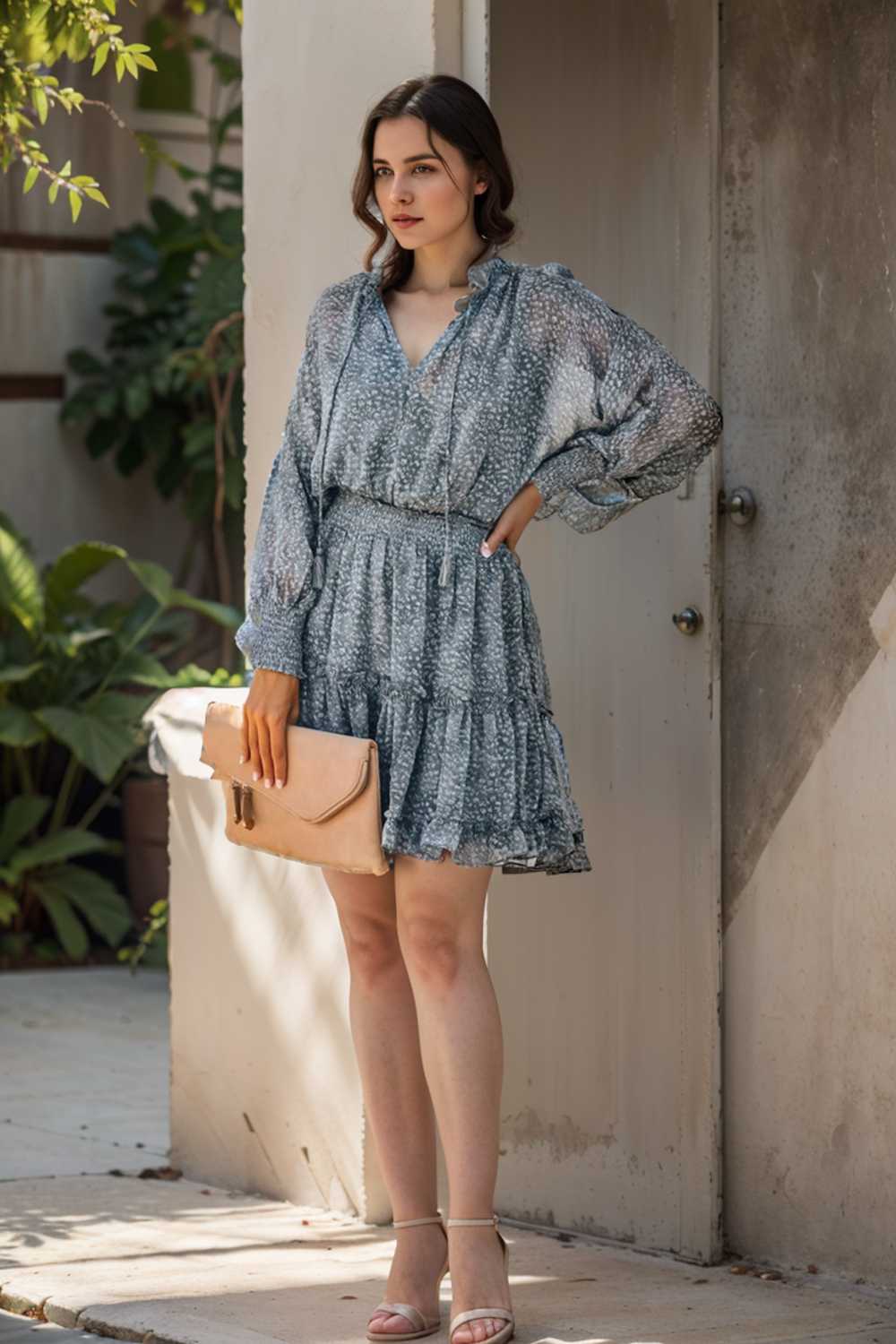 loose leopard print v neck dress drop shoulder a line closed cape paneled 126196