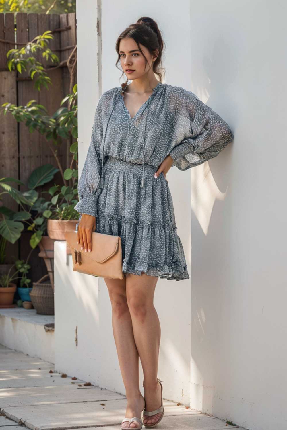 loose leopard print v neck dress drop shoulder a line closed cape paneled 127520