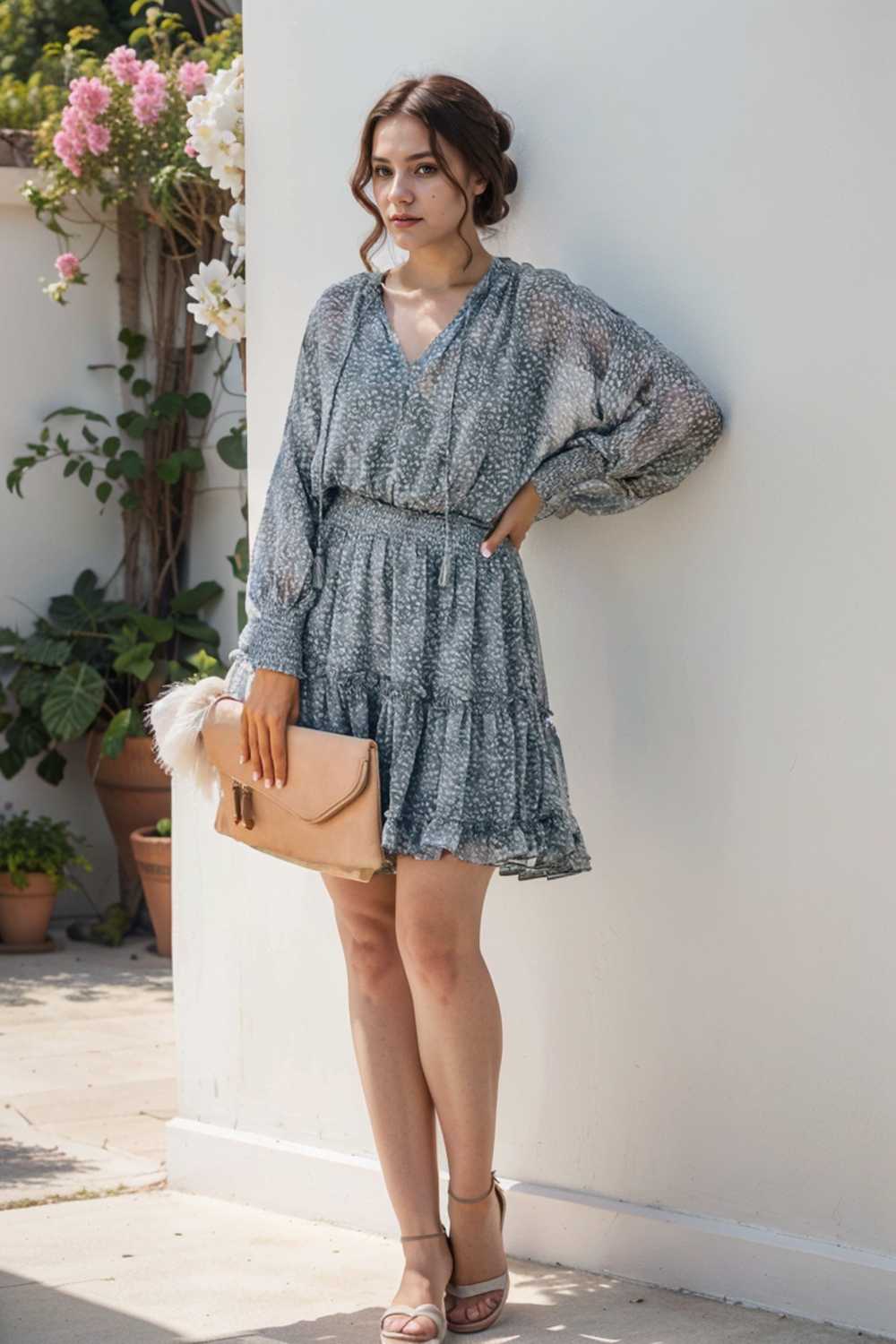 loose leopard print v neck dress drop shoulder a line closed cape paneled 115492
