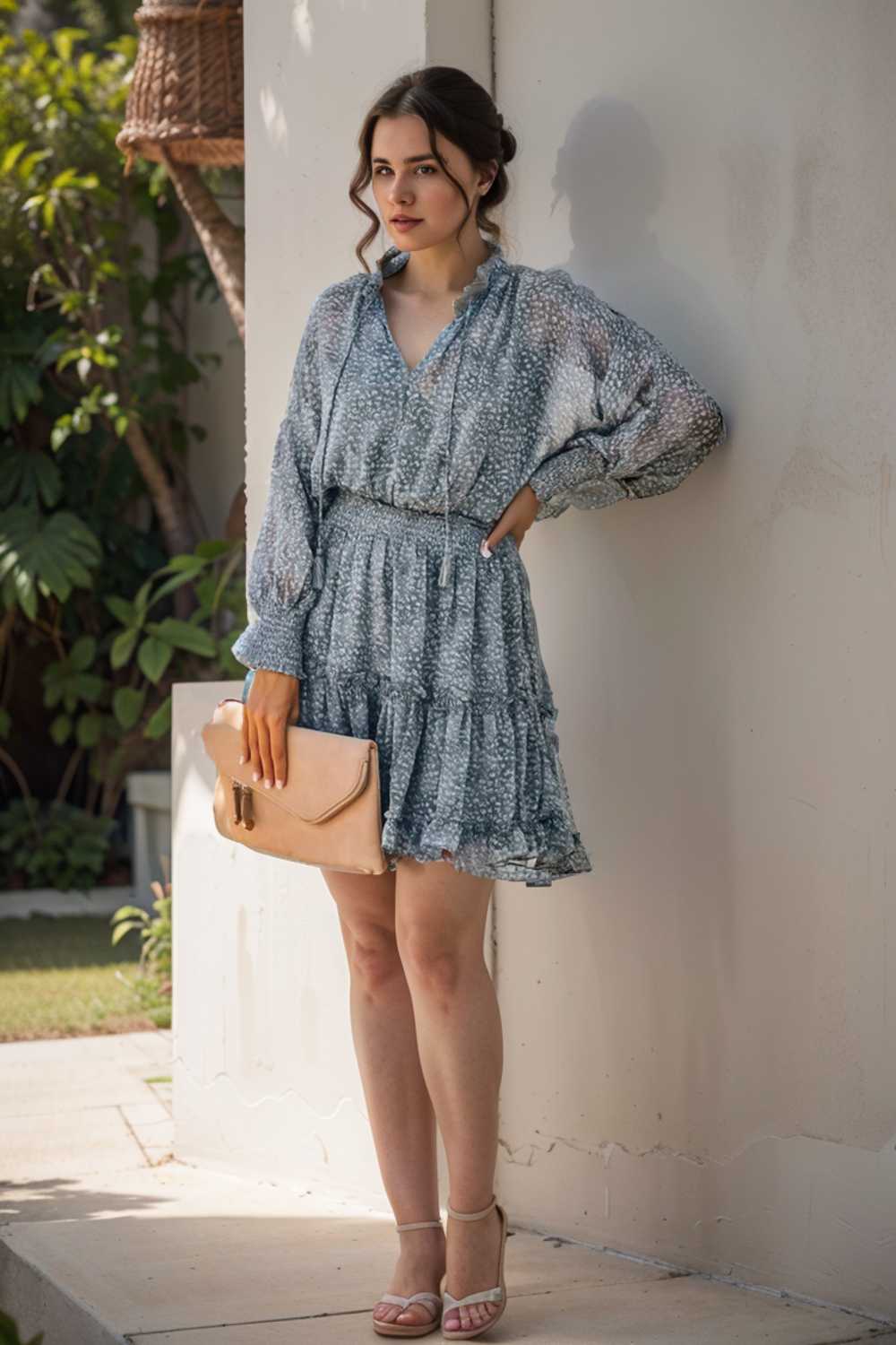 loose leopard print v neck dress drop shoulder a line closed cape paneled 127518