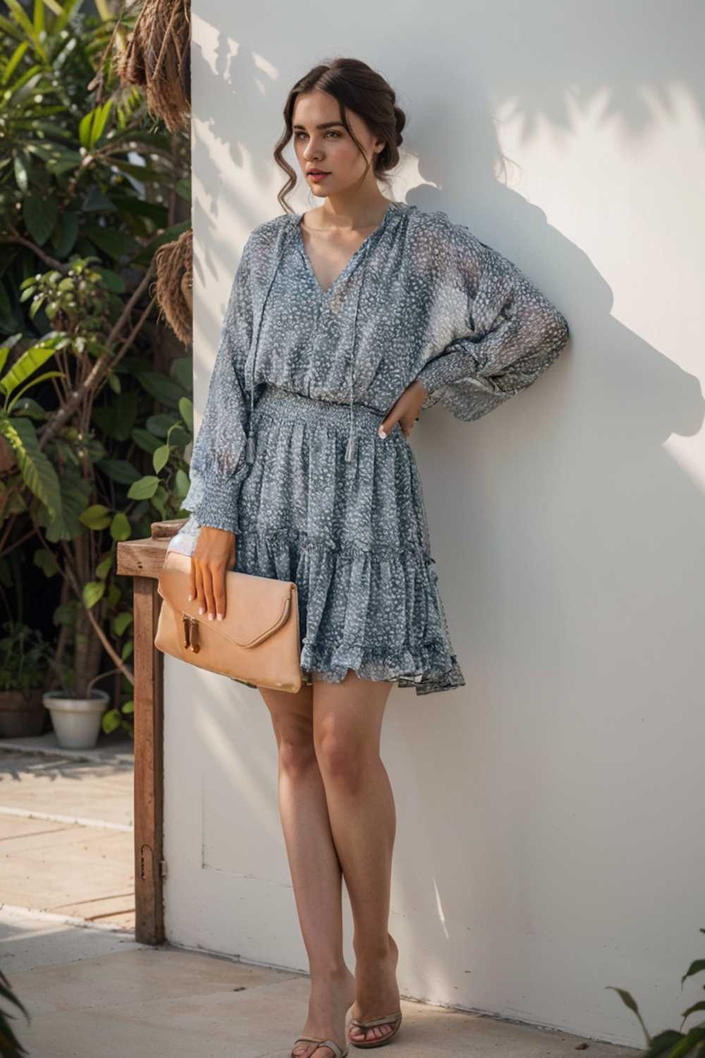 loose leopard print v neck dress drop shoulder a line closed cape paneled 127517