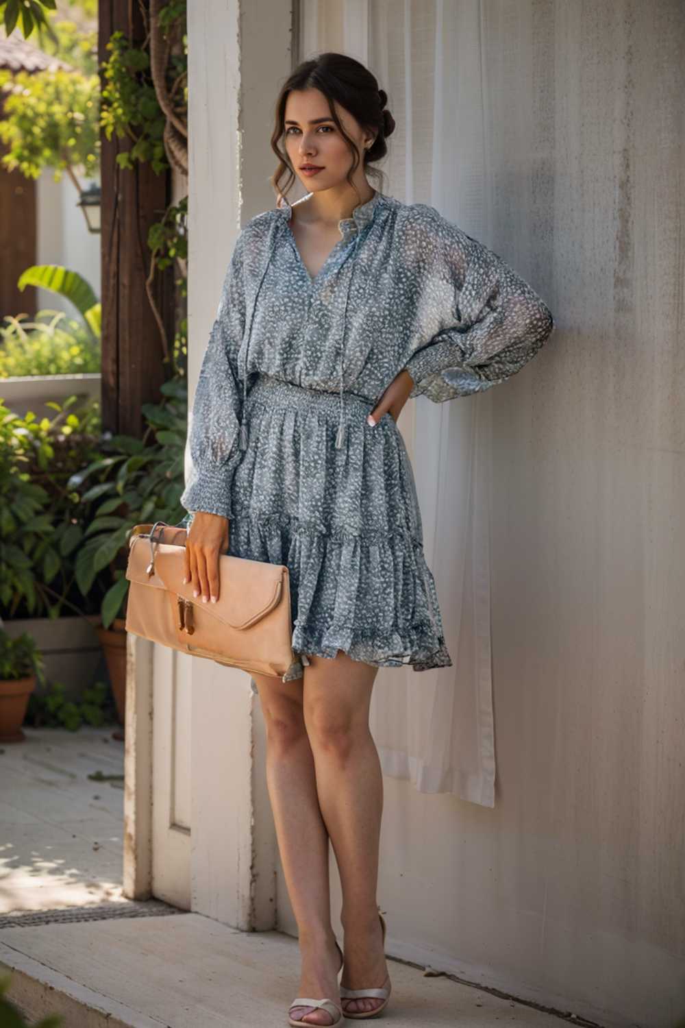 loose leopard print v neck dress drop shoulder a line closed cape paneled 127422