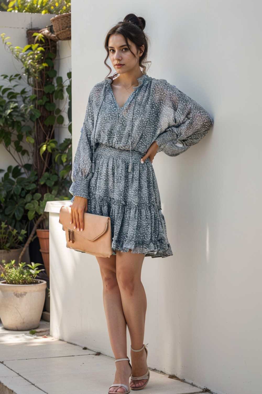loose leopard print v neck dress drop shoulder a line closed cape paneled 111884