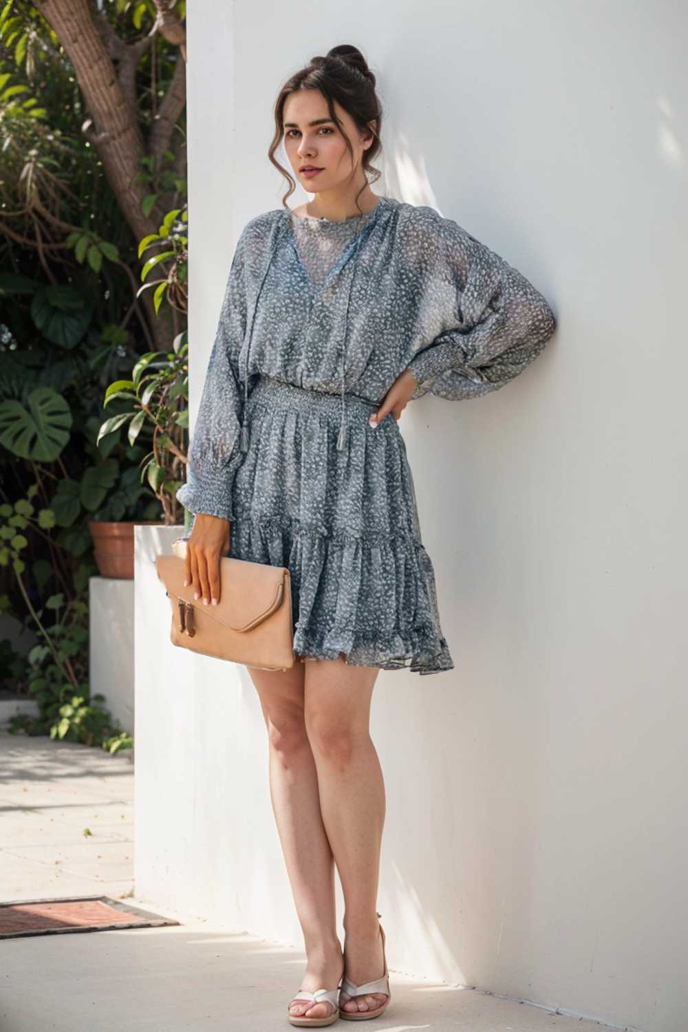loose leopard print v neck dress drop shoulder a line closed cape paneled 113718