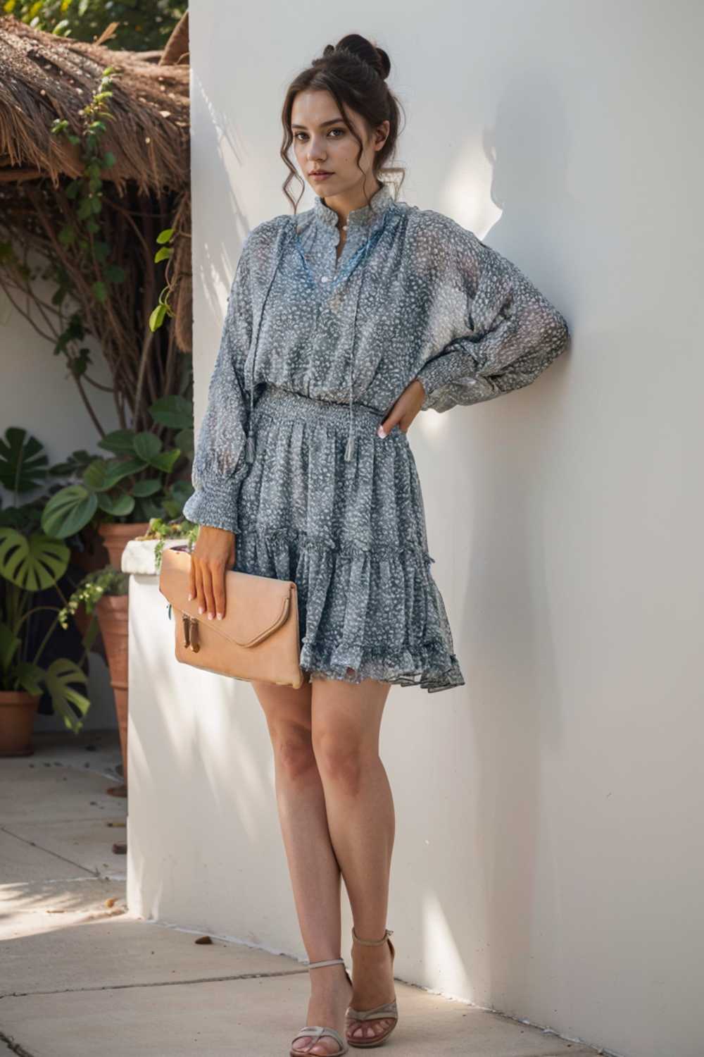 loose leopard print v neck dress drop shoulder a line closed cape paneled 111882