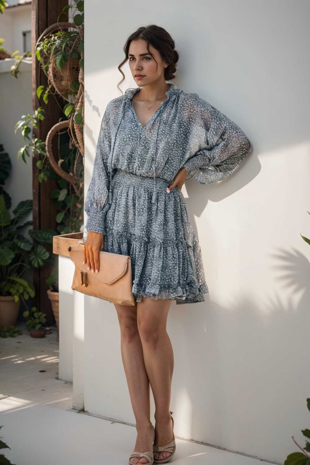 loose leopard print v neck dress drop shoulder a line closed cape paneled 124974