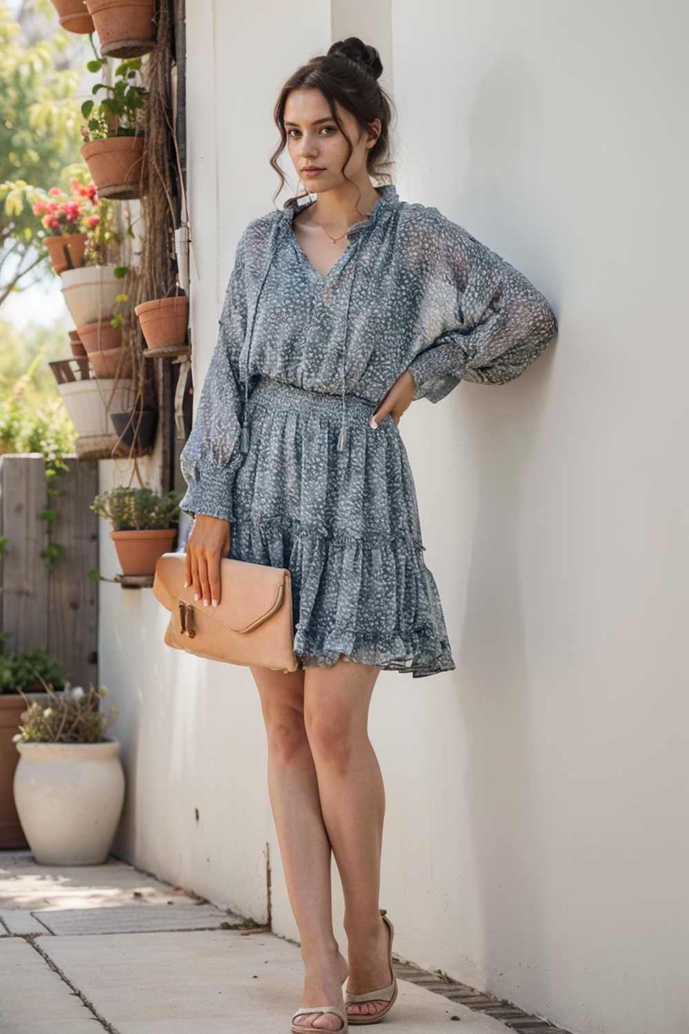 loose leopard print v neck dress drop shoulder a line closed cape paneled 115485