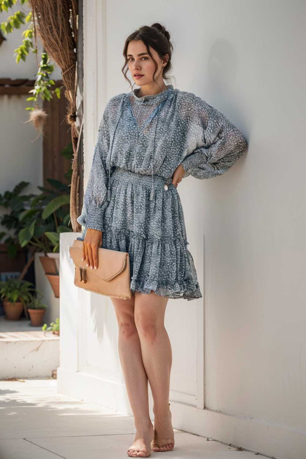 loose leopard print v neck dress drop shoulder a line closed cape paneled 124971