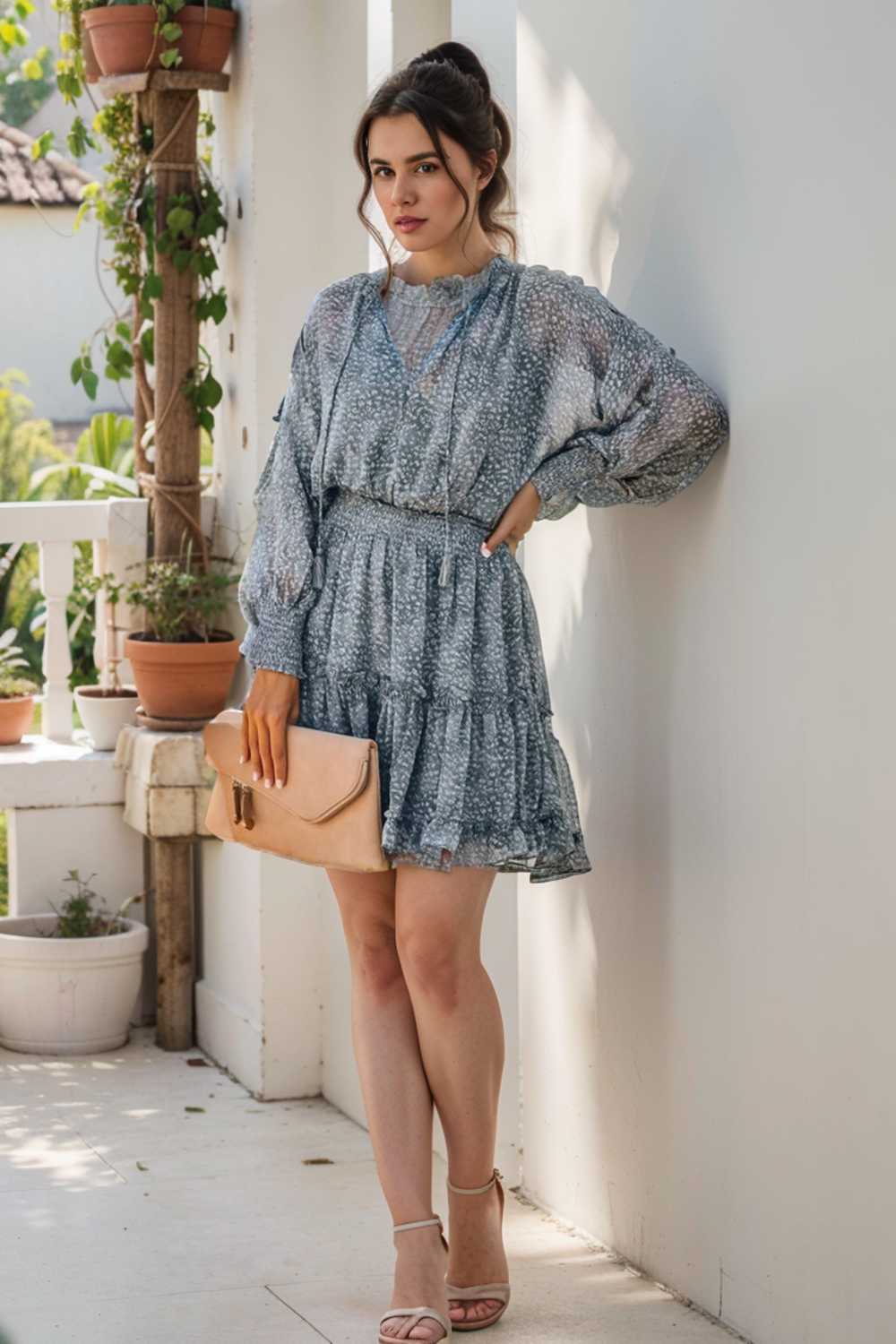 loose leopard print v neck dress drop shoulder a line closed cape paneled 124969