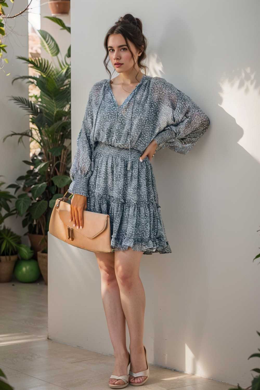 loose leopard print v neck dress drop shoulder a line closed cape paneled 127413