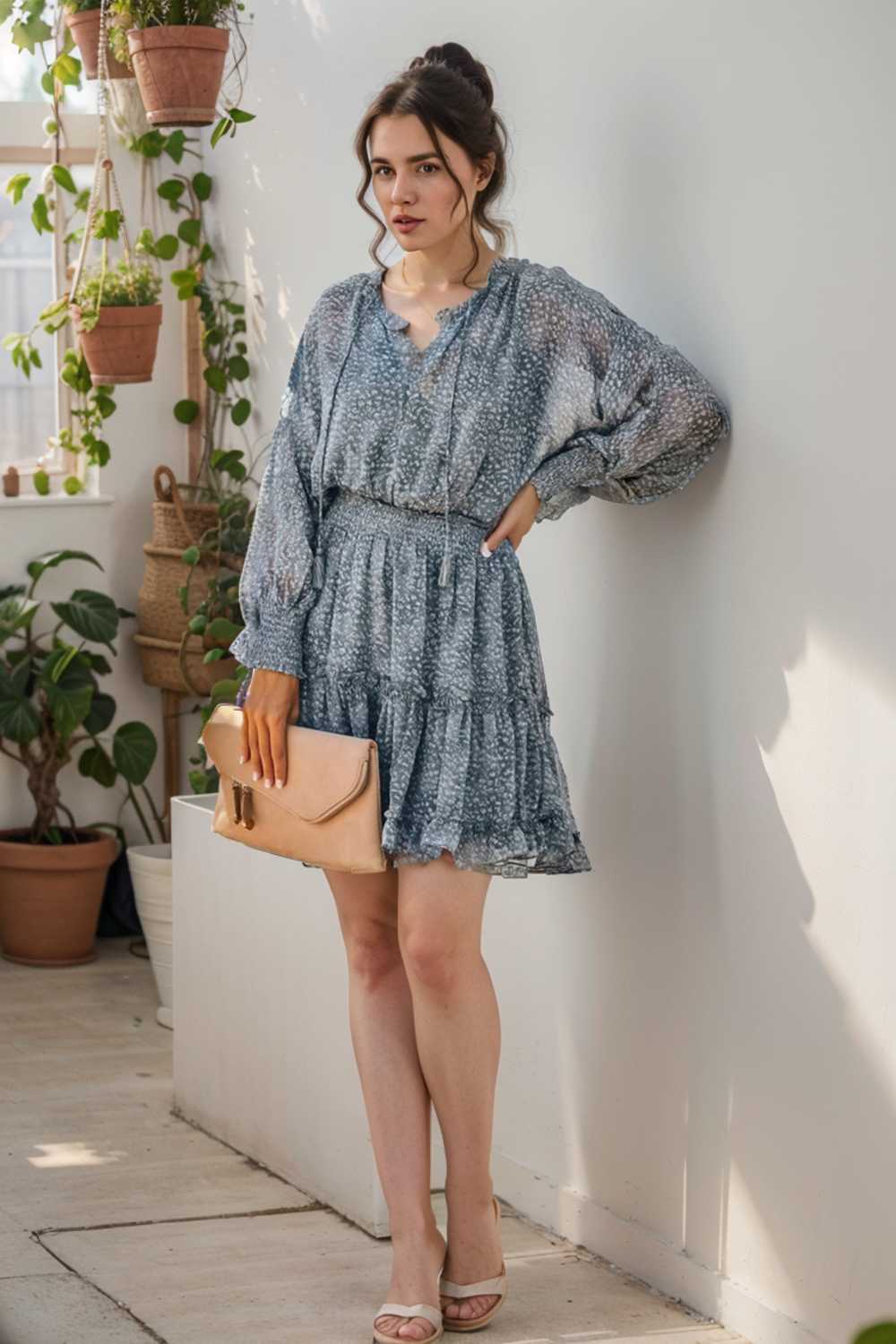loose leopard print v neck dress drop shoulder a line closed cape paneled 124968