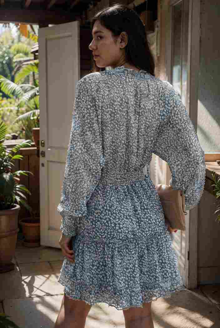 loose leopard print v neck dress drop shoulder a line closed cape paneled 118795