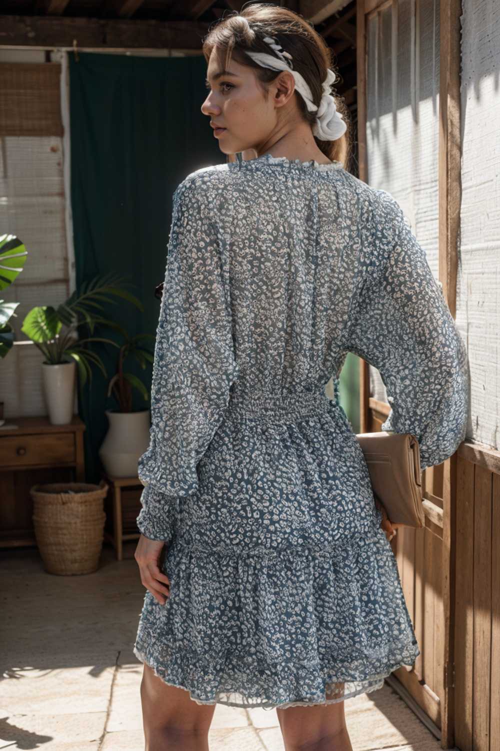 loose leopard print v neck dress drop shoulder a line closed cape paneled 130055