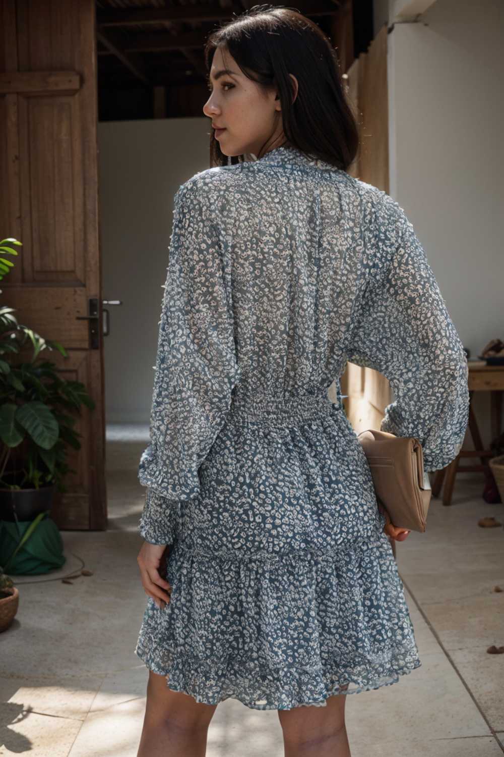loose leopard print v neck dress drop shoulder a line closed cape paneled 110868