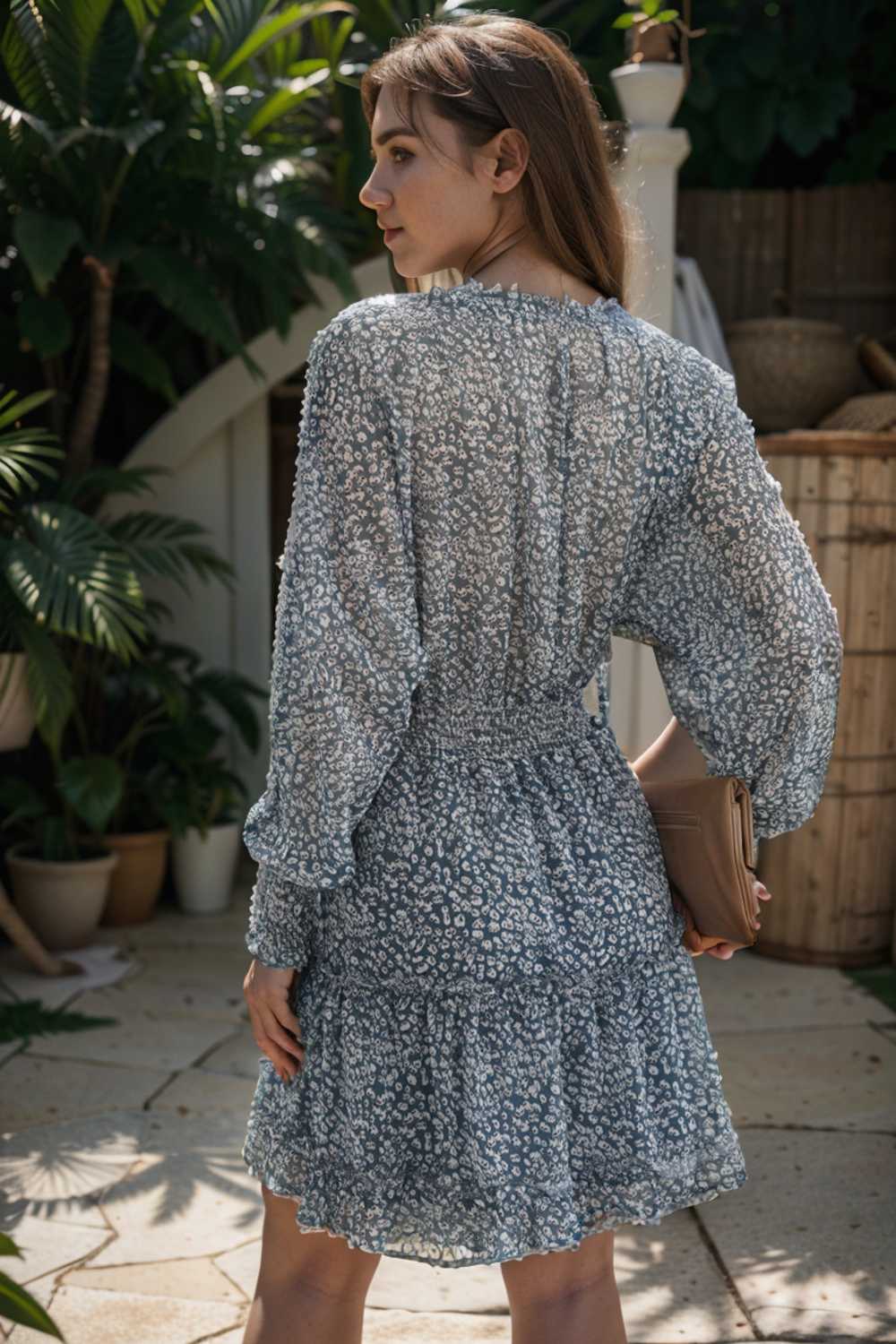 loose leopard print v neck dress drop shoulder a line closed cape paneled 141707