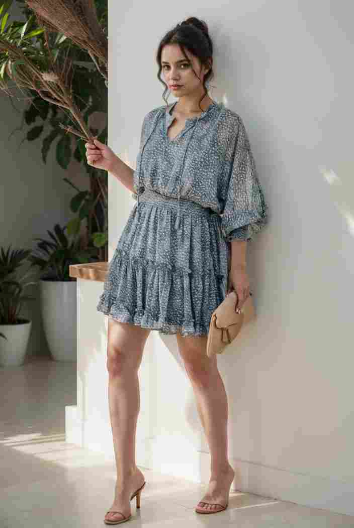 loose leopard print v neck dress drop shoulder a line closed cape paneled 131176