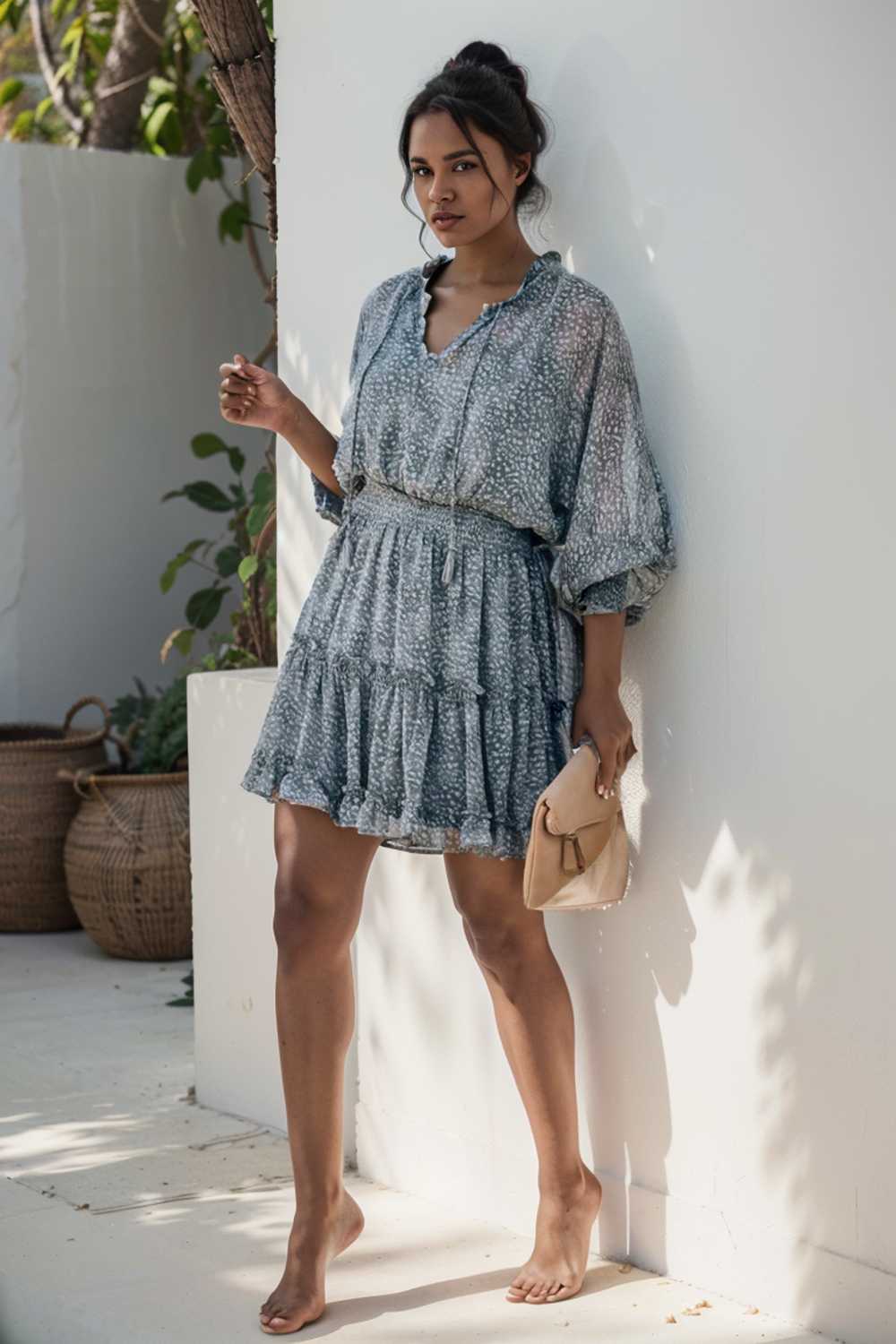 loose leopard print v neck dress drop shoulder a line closed cape paneled 141706