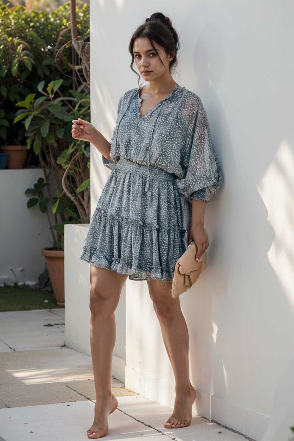 loose leopard print v neck dress drop shoulder a line closed cape paneled 115761