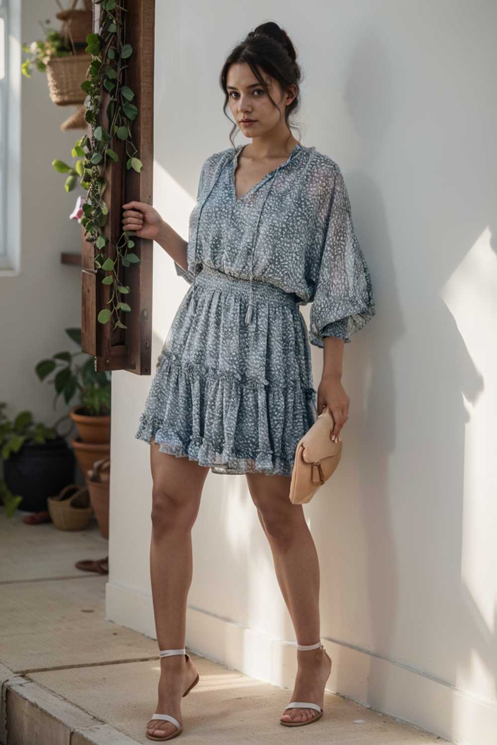 loose leopard print v neck dress drop shoulder a line closed cape paneled 111863
