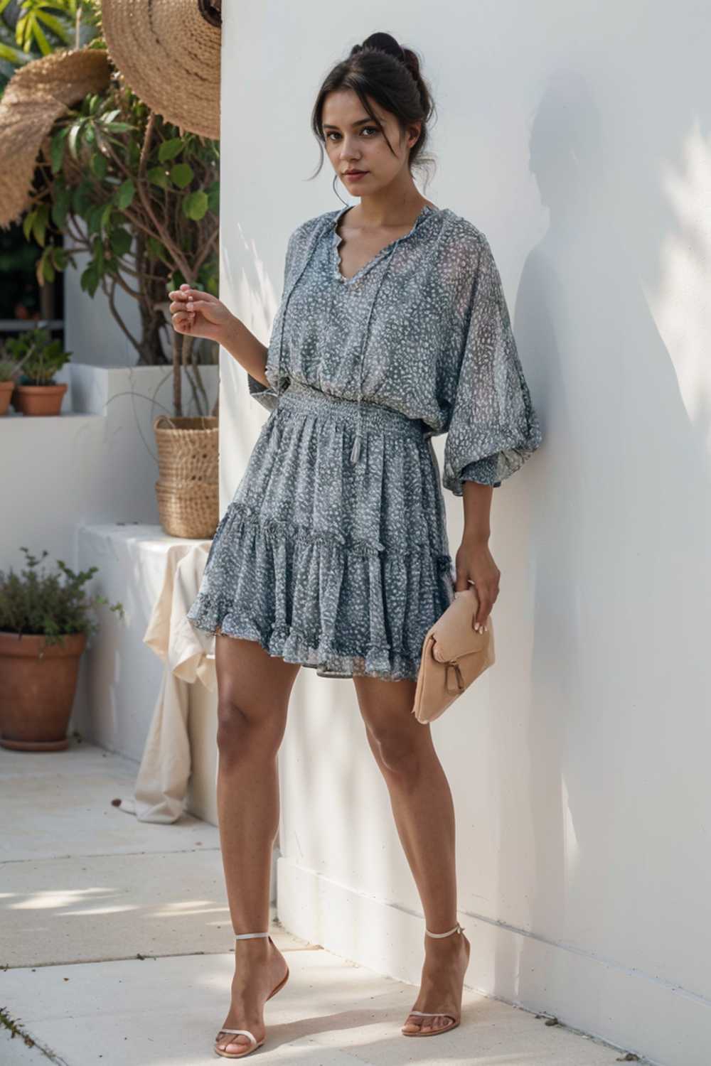 loose leopard print v neck dress drop shoulder a line closed cape paneled 111859