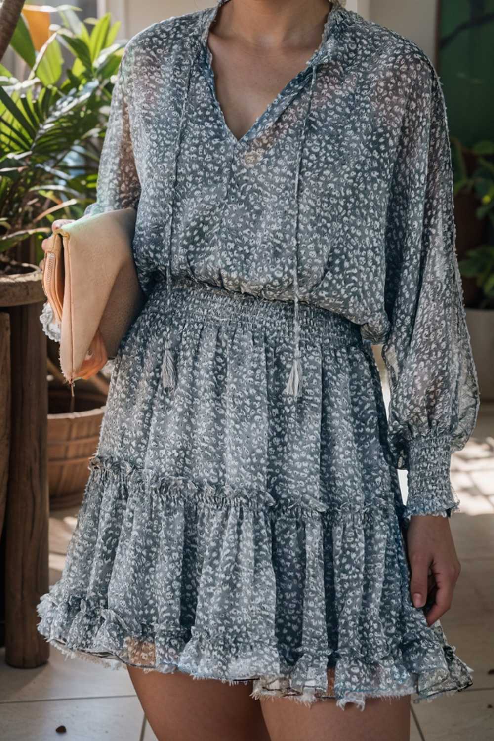 loose leopard print v neck dress drop shoulder a line closed cape paneled 110866