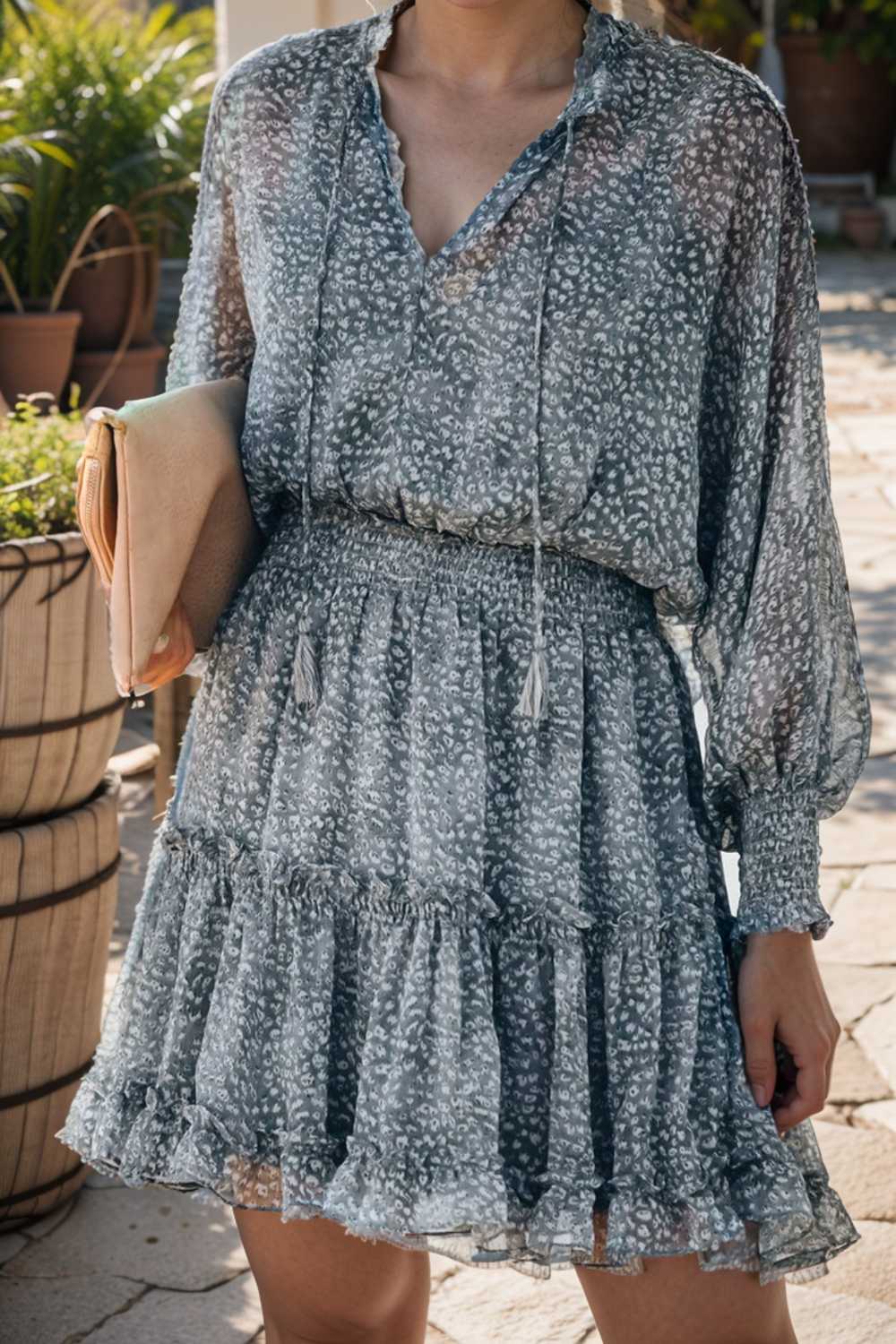 loose leopard print v neck dress drop shoulder a line closed cape paneled 111857