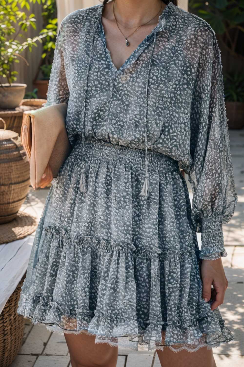 loose leopard print v neck dress drop shoulder a line closed cape paneled 124930