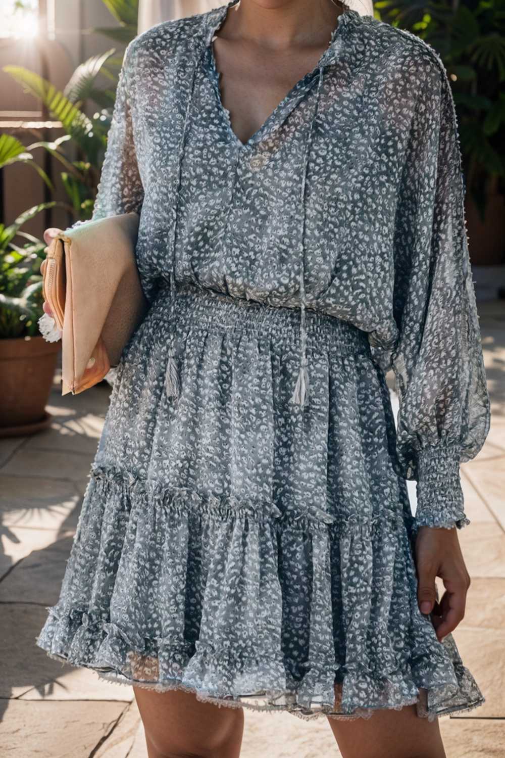 loose leopard print v neck dress drop shoulder a line closed cape paneled 115750