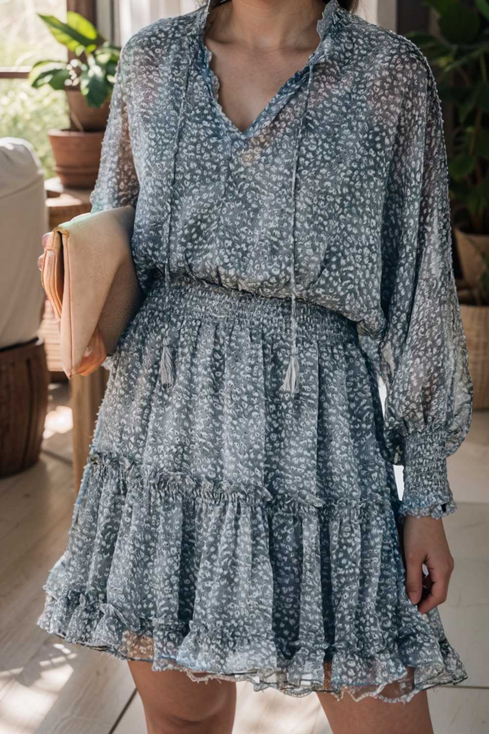 loose leopard print v neck dress drop shoulder a line closed cape paneled 135990