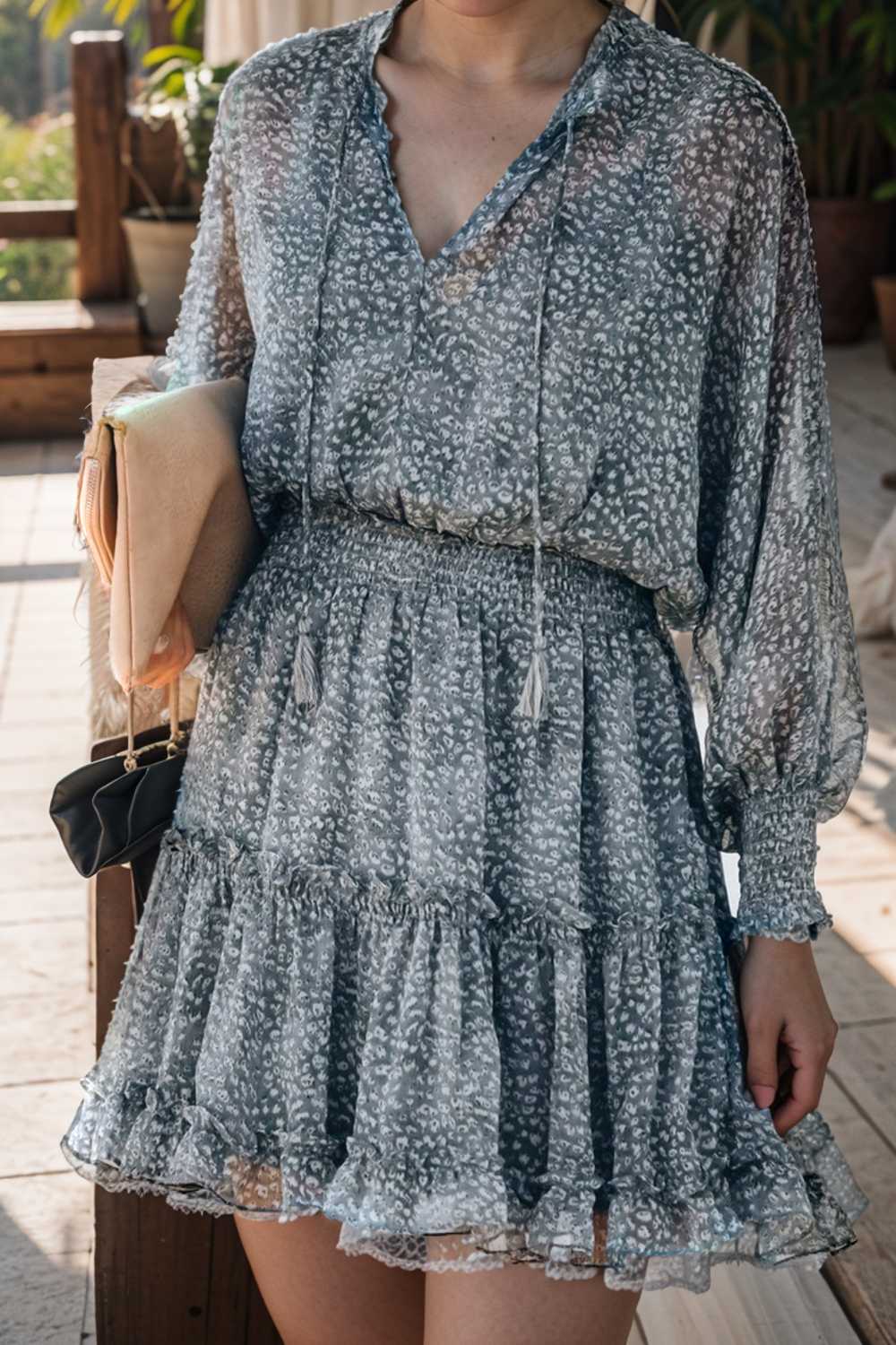 loose leopard print v neck dress drop shoulder a line closed cape paneled 105032