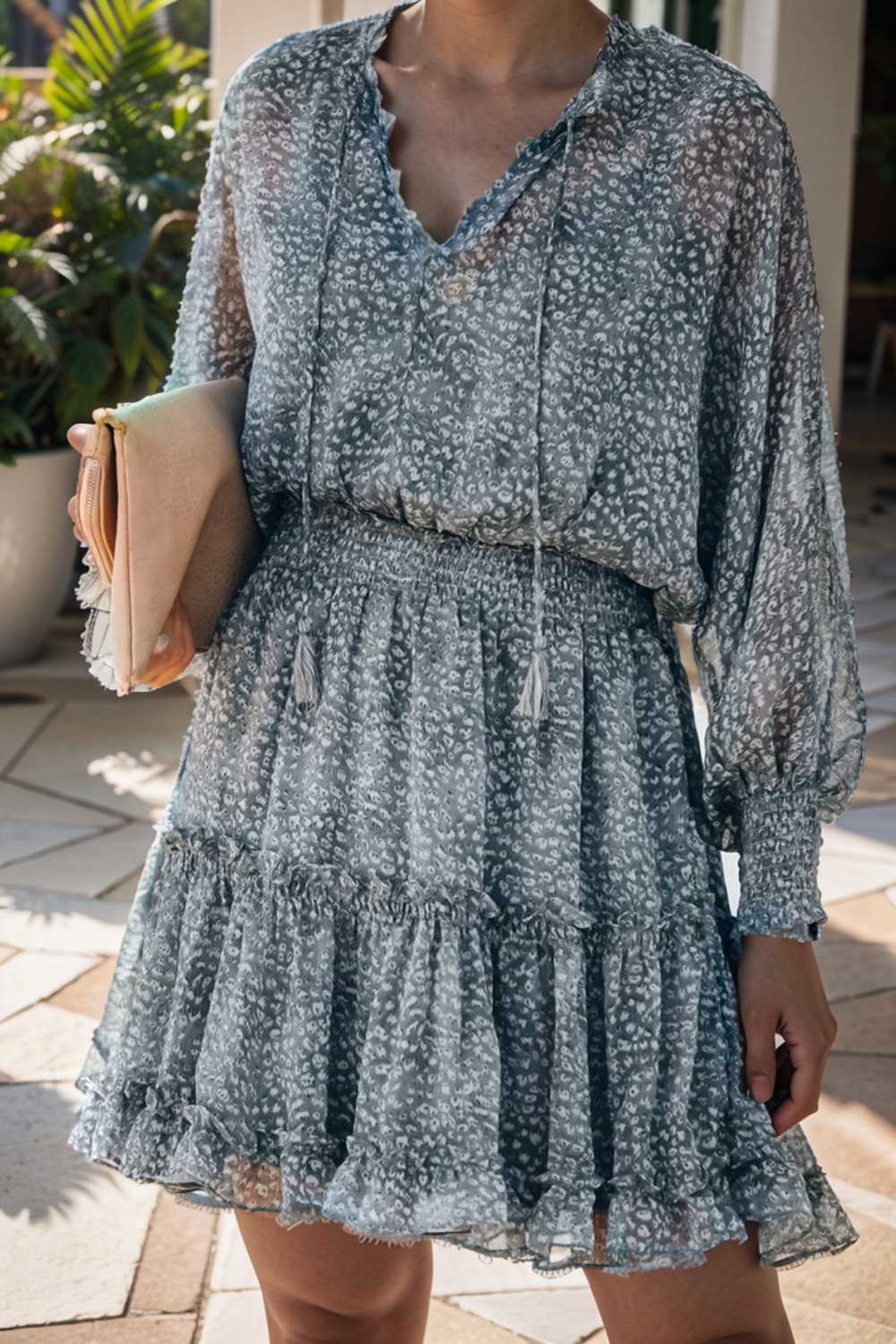 loose leopard print v neck dress drop shoulder a line closed cape paneled 110865
