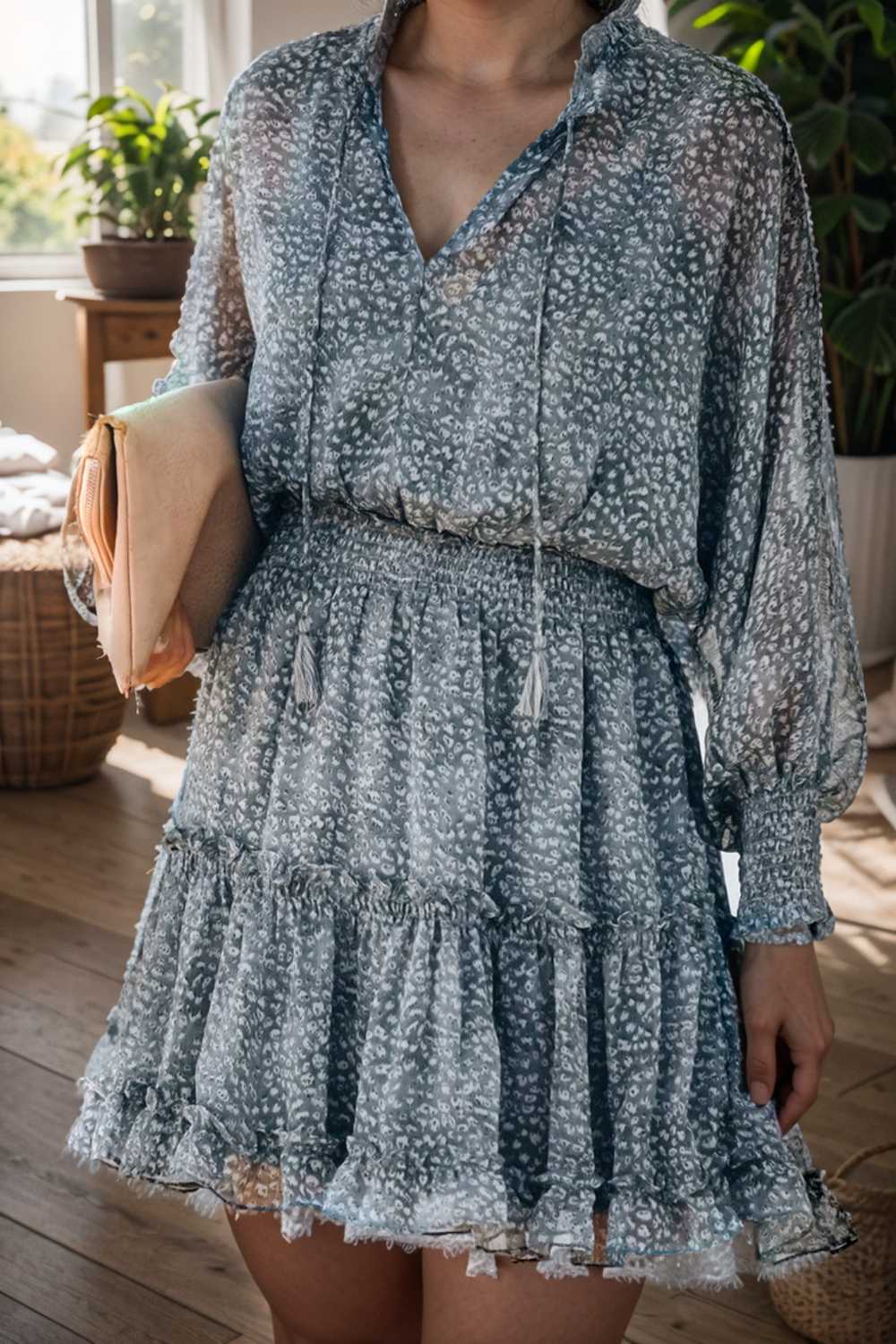 loose leopard print v neck dress drop shoulder a line closed cape paneled 132890